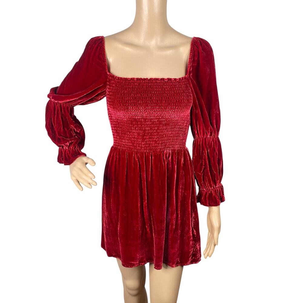 Reformation Red Crimson Velvet Smocked Juliet Sleeve Mini Dress S Whimsigoth - Picture 3 of 11